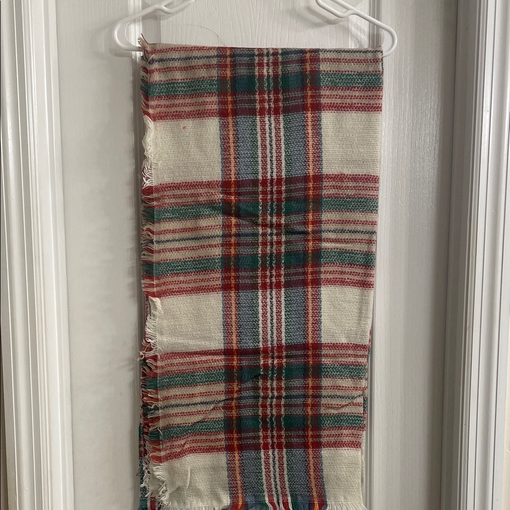 Plaid Fringe Scarf - Red, Green, Cream